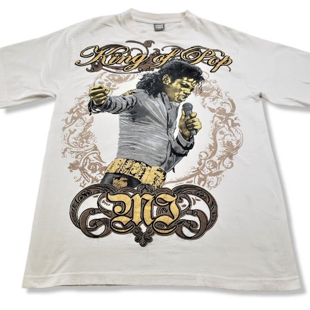 Vintage Y2K Michael Jackson King of Pop Tribute T-Shirt XL White Gold Foil Tee